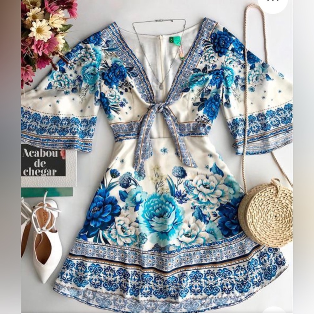 Farm Rio Floral  Blue and White Dress